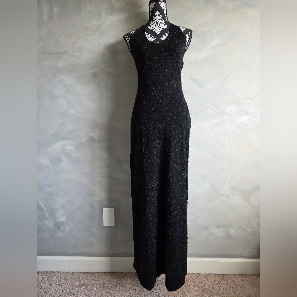 Vintage Black Halter Beaded Maxi Dress Cache Sz M